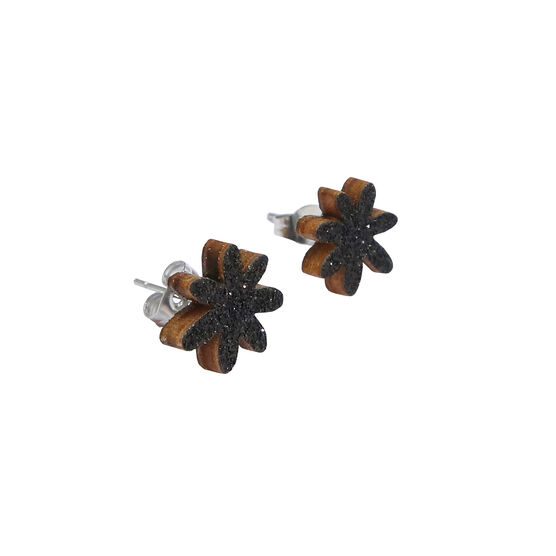Black glitter flower stud earrings
